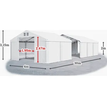 Zahradní stan Skladový stan 4x30x2m střecha PVC 620g/m2 boky PVC 620g/m2 konstrukce POLÁRNÍ Bílá Bílá Bílá