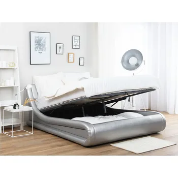 Postel Postel s úložným prostorem stříbrná umělá kůže 180 x 200 cm s čelem moderní zaoblený vzhled ložnice Beliani