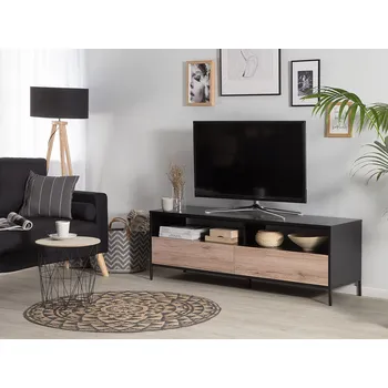 Televizní stolek TV nábytek černý světlý dřevotříska práškově lakovaná kov 52 x 150 x 42 cm stylová elegantní barevná kombinace úložný prostor obývací pokoj Beliani