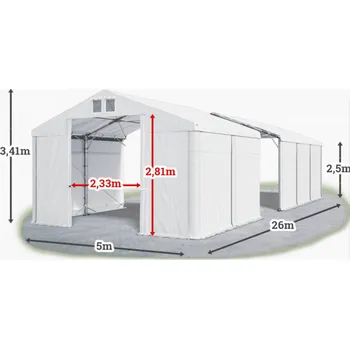 Zahradní stan Skladový stan 5x26x2,5m střecha PVC 620g/m2 boky PVC 620g/m2 konstrukce POLÁRNÍ Bílá Bílá Bílá