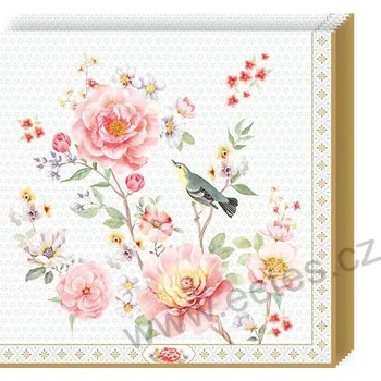 Papírový ubrousek Easy Life A DAY IN THE GARDEN papírové dezertní ubrousky ptáček a květy růží 20 ks