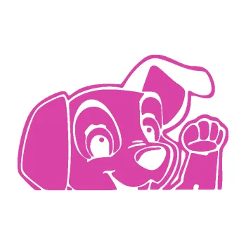 Polep vozidla Pes 177 pravá mává z auta (16 - růžová) SAMOLEPKA NA AUTO, NÁLEPKA, FÓLIE, POLEP, TUNING, VLASTNÍ TEXT, TISK, AUTOSAMOLEPKY.cz, POLEPY, OBRÁZEK, LOGO, 3D STICKERS