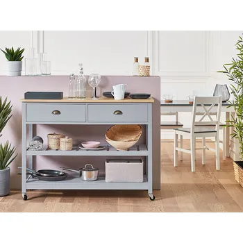 Servírovací stolek Kuchyňský vozík Šedá Světlá Dřevo Top 2 Police 2 Šuplíky Kolečka Skandinávská Moderní Beliani
