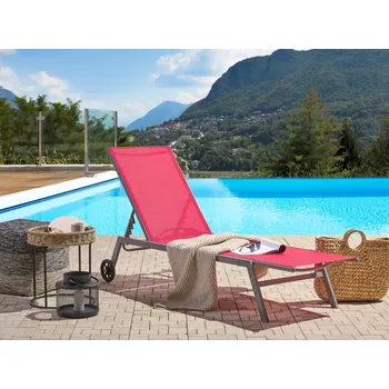 Zahradní lehátko Zahradní lehátko červené síťovina černý ocelový rám nastavitelné opěradlo s kolečky moderní design Beliani