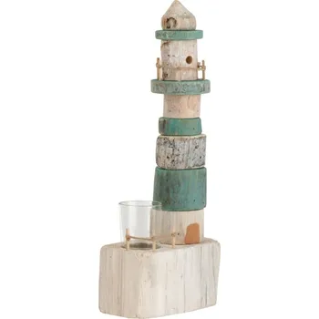 Svícen Dřevěný modro bílý svícen maják na jednu čajovou svíčku 14*9*38 cm