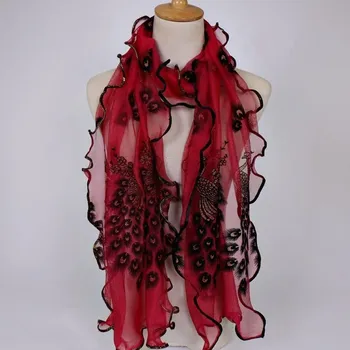 Šátek Fashionstyle Luxusní Šátek v Čínském stylu s krajkovým obšíváním - vzor Páva - Bordó černá 190X40 cm