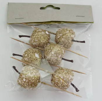 Vánoční dekorace Jablko zápich pvc/dřevo 6ks/pr.3/10cm zlatá (F230-G10-1707/1)