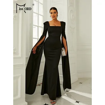 Dámské šaty Večerní šaty maxi s hranatým výstřihem a dlouhými rukávy Barva: Černá, Velikost: L