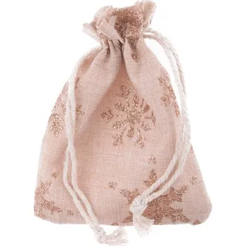 Vánoční dekorace Pytlík lněný stahovací 9x12cm, béžový s vločkami