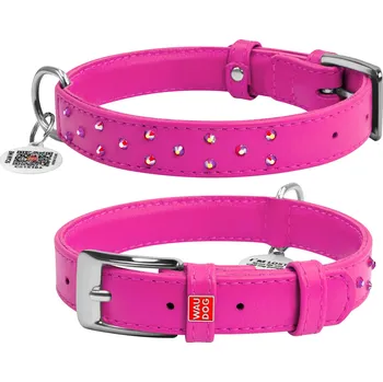Vodítko pro psa Růžový kožený obojek s kamínky 38-49 cm - 2. JAKOST (Kvalitní kožený růžový obojek z pravé kůže. Délka je nastavitelná 38-49 cm a šířka je 25 mm. Obojek je zdobený kamínky a má kovovou přezku.)
