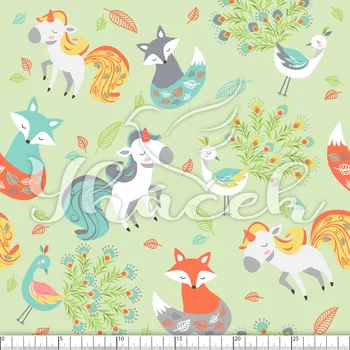 Zakázkový tisk, softshell, kočárkovina... Lišky, jednorožci a pávi na zelenkavé Látky k tisku: Microfirba