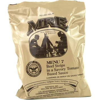 Originál US Army MRE Menu 7 BEEF STRIPS IN A SAVORY TOMATO BASED SAUCE