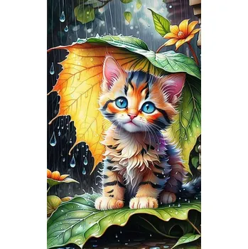 Diamantové malování Diamantové malování - Koťátko pod lístkem + třpytivé kamínky (50x70)