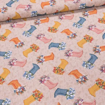 Směsové plátno 4102 CULA, holínky s květinami na béžové, š.140cm (látka v metráži)