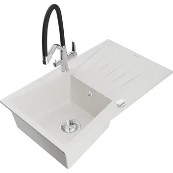 Granitový dřez MEXEN/S - Cesar granitový dřez s odkapávačem včetně baterie Duo, bílá 6514-20-671701-07