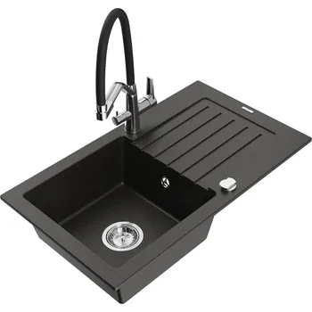 Granitový dřez MEXEN/S - Pablo granitový dřez s odkapávačem včetně baterie Duo, černá/zlatá metalik 6510-75-671701-07