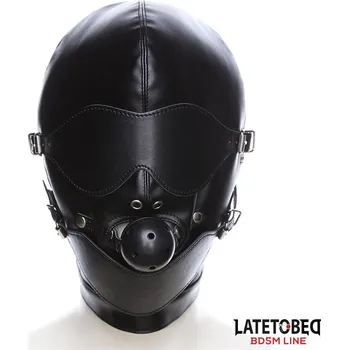 Erotická maska LATETOBED BDSM LINE SLAVE KAPUCE S MASKOU NA OČI PRODYŠNÝ ROUBÍK NASTAVITELNÝ MÍČEM A ÚSTY
