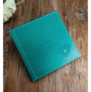 Svatební dekorace Svatební kniha hostů 20x20 cm (42 listů) - koženková tyrkysová se srdíčky