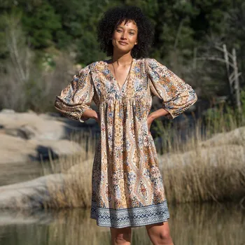 Dámská móda Šaty s potiskem a širokými rukávy béžová/modrá 46