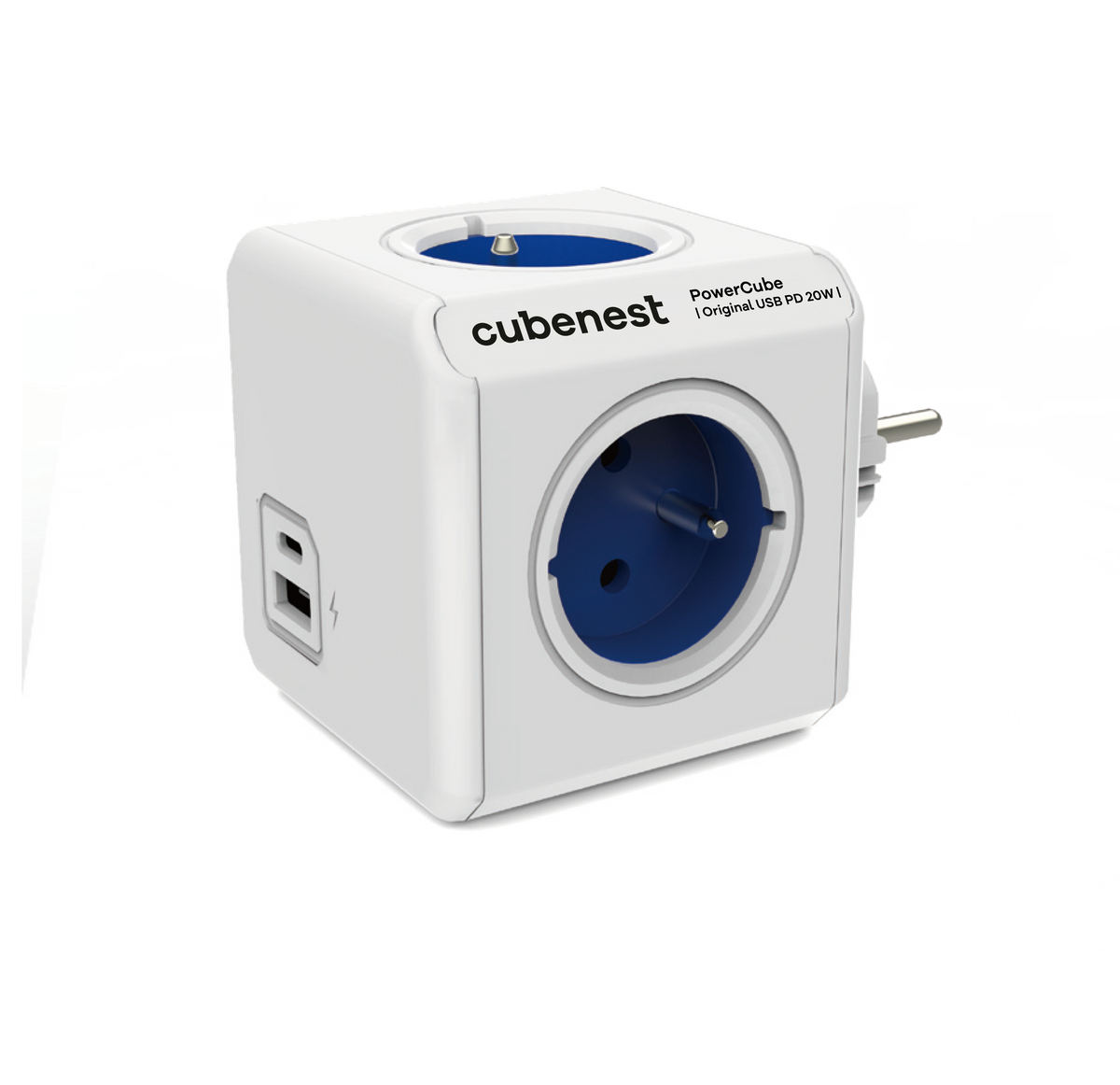 PowerCube Rozbočovací zásuvka s USB, 4× zásuvka + 1× USB-A, 1× USB-C, modrá PWC-ZUSB-PD20-BL