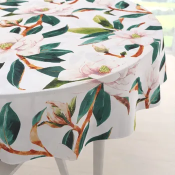 ubrus Bavlněný kulatý ubrus Sandra SA-293 Magnolie se zelenými listy na bílém Ø 100 cm