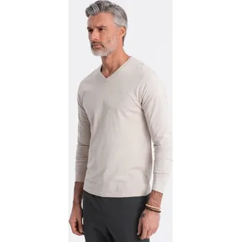 Pánské tričko Pánské tričko s dlouhým rukávem bez potisku s výstřihem do V světle béžový