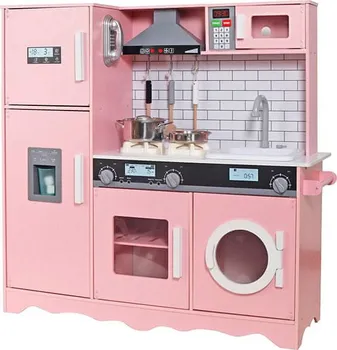 Dětská kuchyňka Derrson Dřevěná interaktivní kuchyňka s pračkou a ledničkou XXL růžová