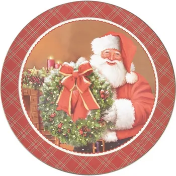 Červený károvaný plastový vánoční kulatý podnos/talíř Santa - Ø 33*1 cm