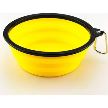 Miska pro psa Skládací silikonová miska pro psy s karabinou | Cestovní skladná miska pro psa - Žlutá,350 ml (13 x 9 x 5,5 cm)
