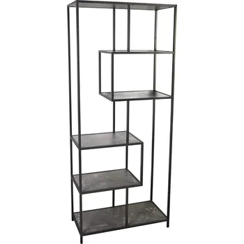 regál Industriální černý regál Industria Marble v antracitovém odstínu a policemi s mramorovým designem 185 cm