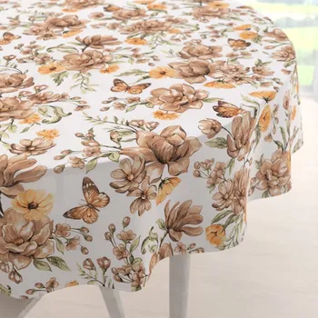 ubrus Bavlněný kulatý ubrus Sandra SA-458 Hnědé květy magnolie s motýlky na bílém Ø 40 cm
