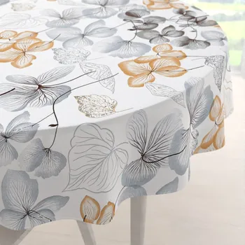 ubrus Bavlněný kulatý ubrus Sandra SA-367 Šedo-oranžové květy na bílém Ø 100 cm