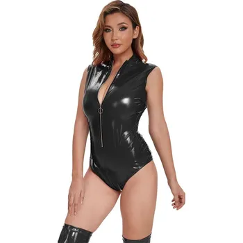 Dámské erotické body Latexové body se zipem bez rukávů Barva: Černá, Velikost: 3XL