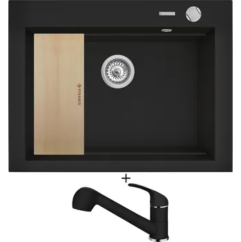 Granitový dřez Granitový dřez SET Pyramis SIROS (67x51,5) 1B černá matná + dřevěná krájecí deska + Pyramis FIDO černá matná