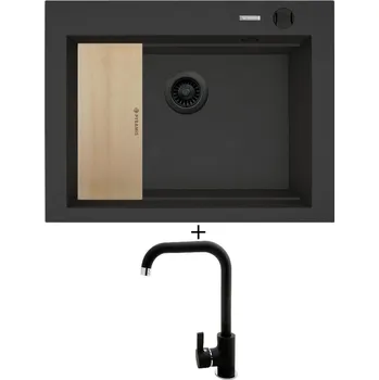 Granitový dřez SET Pyramis SIROS (67x51,5) 1B černá edice + dřevěná krájecí deska + Pyramis SILVIO černá matná