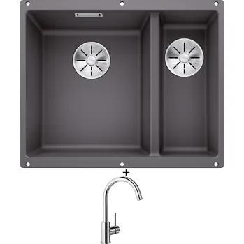 Granitový dřez Dřez pod desku SET Blanco SUBLINE 340/160 U šedá skála 523549 + Blanco MIDA chrom 517742