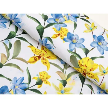 Teflonová látka na ubrusy TF-081 Žluto-modré lilie na bílém - šířka 155 cm