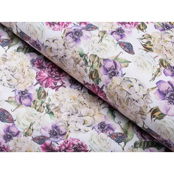 Dekorační látka PML-108 Fialové květiny s motýlky na bílém - šířka 150 cm