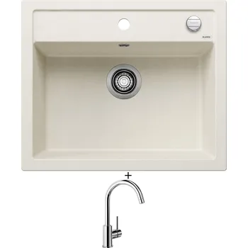 Kuchyňský dřez Granitový dřez SET Blanco DALAGO 6 bílá soft s excentrem 527063 + Blanco MIDA chrom 517742