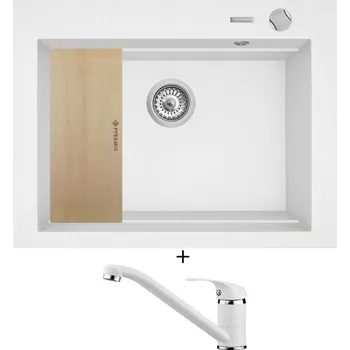 Granitový dřez Granitový dřez SET Pyramis SIROS (67x51,5) 1B bílá + dřevěná krájecí deska + Pyramis ASALIA bílá