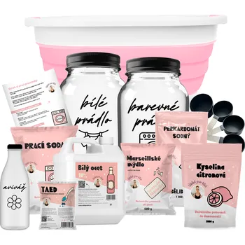 Čisticí prostředek do koupelny Úklid pro klid Chci všechnu prací parádu balíček pro domácí praní psací písmo/růžový lavor