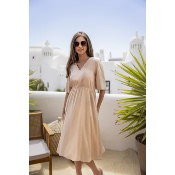 Dámské šaty Viskózové šaty, dole mírně rozšířené A518 Barva: Béžová, Velikost: M