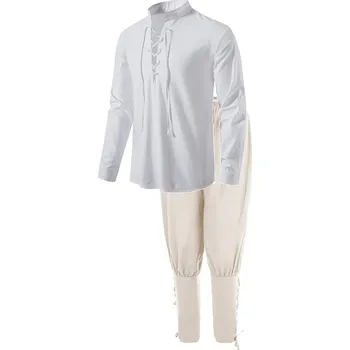 Pánský rytířský set 2v1 košile se šněrováním a kalhoty Velikost: M, Barva (Varianta): white beige