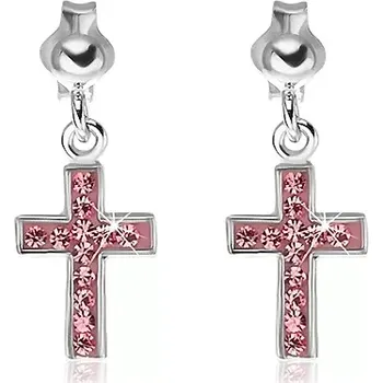 Náušnice Puzetky ze stříbra 925 - visící růžový kříž se zirkony