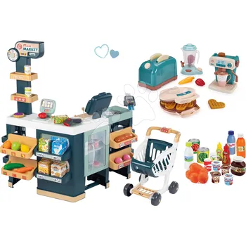 Dětská kuchyňka Set obchod elektronický smíšené zboží s chladničkou Maxi Market a kuchyňské spotřebiče Smoby s potravinami