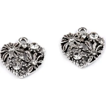 Přívěsek Kovový přívěsek srdce, housle, korunka s broušenými kamínky 1 platina srdce