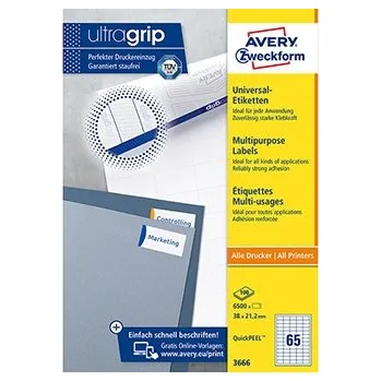 Samolepící etiketa Avery Zweckform etikety 38 x 21.2 mm, A4, bílé, 65 etiket, baleno po 100 ks, 3666, pro laserové a inkoustové tiskárny, kopírky