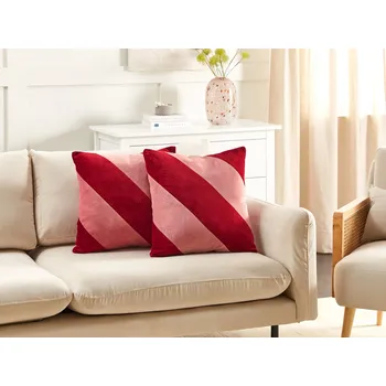 Bytový textil Sada sametových dekoračních polštářků červené a růžové barvy z bavlny 45 x 45 cm pruhované snímatelné povlaky čtverec moderní dekorační doplňky Beliani