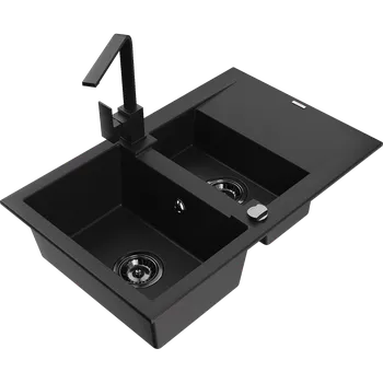 Granitový dřez Mexen Gaspar granitový dřez 1,5 komorový s odkapávačem a kuchyňskou baterií Rita, černý - 6507-77-670300-70-B Granitové dřezy s baterií