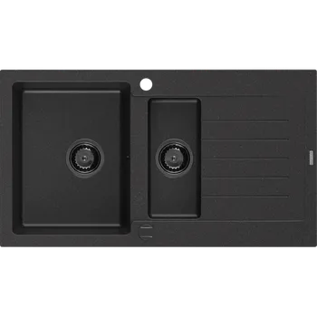 Granitový dřez Mexen Matias dřez granitový 1,5-komorový s odkapávačem 900 x 505 mm černý/stříbrný metalický, sifon černý - 6502901505-73-B Granitové dřezy